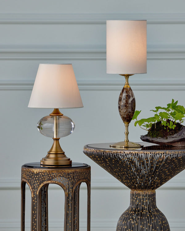 Currey & Company Marche Cordless Brass Table Lamp with Marble Inset and White Cylindrical Shade Brown / Brass 6700-0020