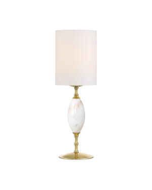 Currey & Company Marche Cordless Brass Table Lamp with Marble Inset and White Cylindrical Shade White / Brass 6700-0021