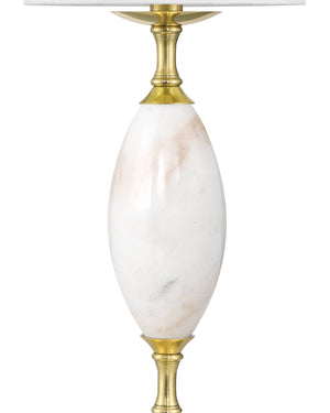 Currey & Company Marche Cordless Brass Table Lamp with Marble Inset and White Cylindrical Shade White / Brass 6700-0021