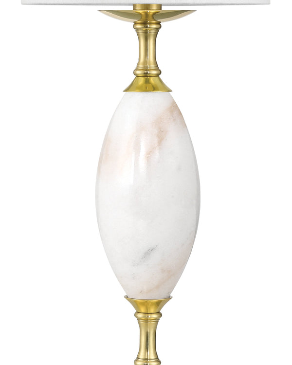 Currey & Company Marche Cordless Brass Table Lamp with Marble Inset and White Cylindrical Shade White / Brass 6700-0021