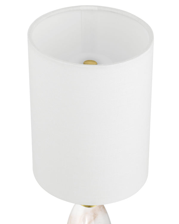 Currey & Company Marche Cordless Brass Table Lamp with Marble Inset and White Cylindrical Shade White / Brass 6700-0021