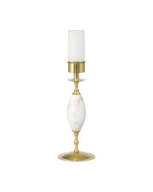 Currey & Company Marche Cordless Brass Table Lamp with Marble Inset and White Cylindrical Shade White / Brass 6700-0021