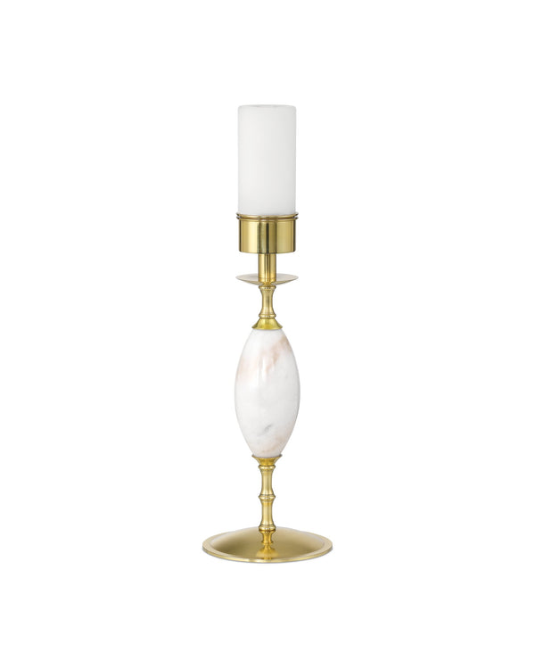 Currey & Company Marche Cordless Brass Table Lamp with Marble Inset and White Cylindrical Shade White / Brass 6700-0021