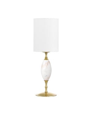 Currey & Company Marche Cordless Brass Table Lamp with Marble Inset and White Cylindrical Shade White / Brass 6700-0021
