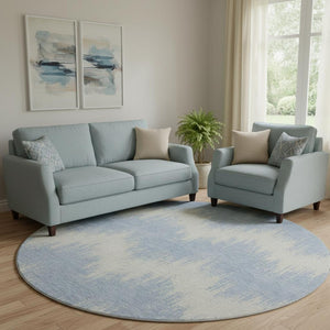 HomeRoots 8' Sky Blue & Ivory Chevron Round Rug - Stylish, Washable, UV-Protected for Indoor & Outdoor Use 670000