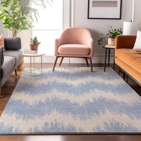 HomeRoots 10' Sky Blue & Ivory Chevron Area Rug - UV Protected, Washable, Durable Design for Modern Spaces 670003