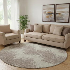 HomeRoots 8' Stylish Taupe and Beige Chevron Washable Round Rug with UV Protection for Modern Spaces 670006