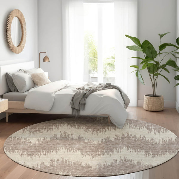HomeRoots 8' Stylish Taupe and Beige Chevron Washable Round Rug with UV Protection for Modern Spaces 670006