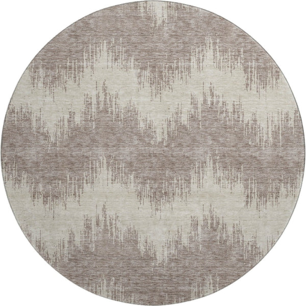 HomeRoots 8' Stylish Taupe and Beige Chevron Washable Round Rug with UV Protection for Modern Spaces 670006