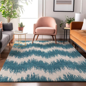 HomeRoots 5' X 8' Teal And Ivory Chevron Area Rug – Washable, Stain Resistant, UV Protected for Busy Homes 670011
