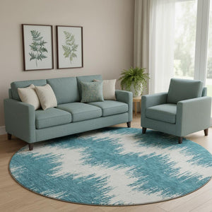 HomeRoots 8' Teal And Ivory Chevron Round Rug - Washable, UV-Protected, Stain-Resistant for Stylish Spaces! 670012