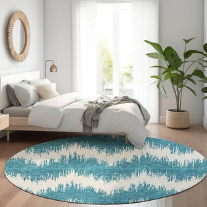 HomeRoots 8' Teal And Ivory Chevron Round Rug - Washable, UV-Protected, Stain-Resistant for Stylish Spaces! 670012