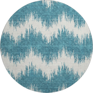 HomeRoots 8' Teal And Ivory Chevron Round Rug - Washable, UV-Protected, Stain-Resistant for Stylish Spaces! 670012