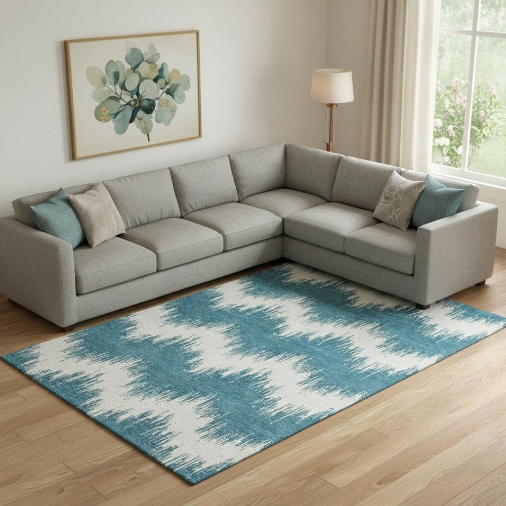 HomeRoots 8' X 10' Teal And Ivory Chevron Area Rug - Stylish, Washable, UV-Protected for Indoor & Outdoor Use 670013