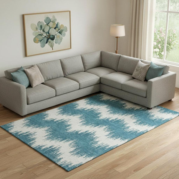 HomeRoots 8' X 10' Teal And Ivory Chevron Area Rug - Stylish, Washable, UV-Protected for Indoor & Outdoor Use 670013