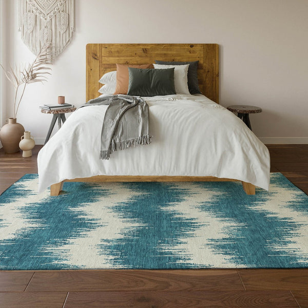 HomeRoots 8' X 10' Teal And Ivory Chevron Area Rug - Stylish, Washable, UV-Protected for Indoor & Outdoor Use 670013