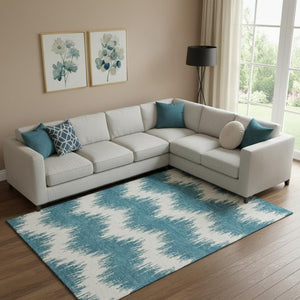 HomeRoots 9' X 12' Stylish Teal & Ivory Chevron Area Rug - Washable, UV Protected, Ideal for Homes with Kids & Pets 670014