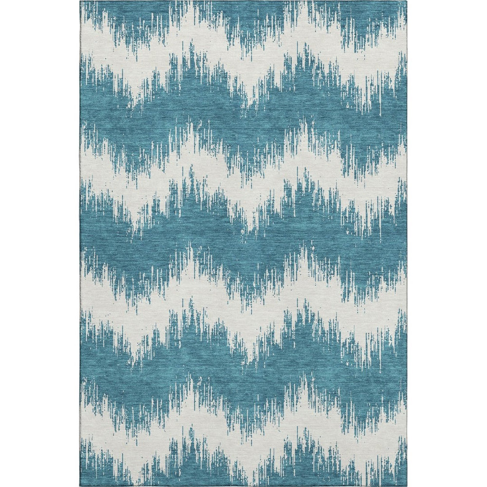 HomeRoots 9' X 12' Stylish Teal & Ivory Chevron Area Rug - Washable, UV Protected, Ideal for Homes with Kids & Pets 670014