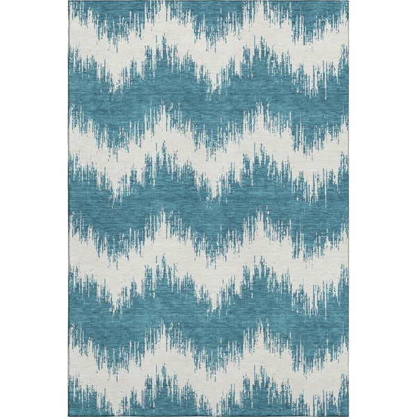 HomeRoots 9' X 12' Stylish Teal & Ivory Chevron Area Rug - Washable, UV Protected, Ideal for Homes with Kids & Pets 670014
