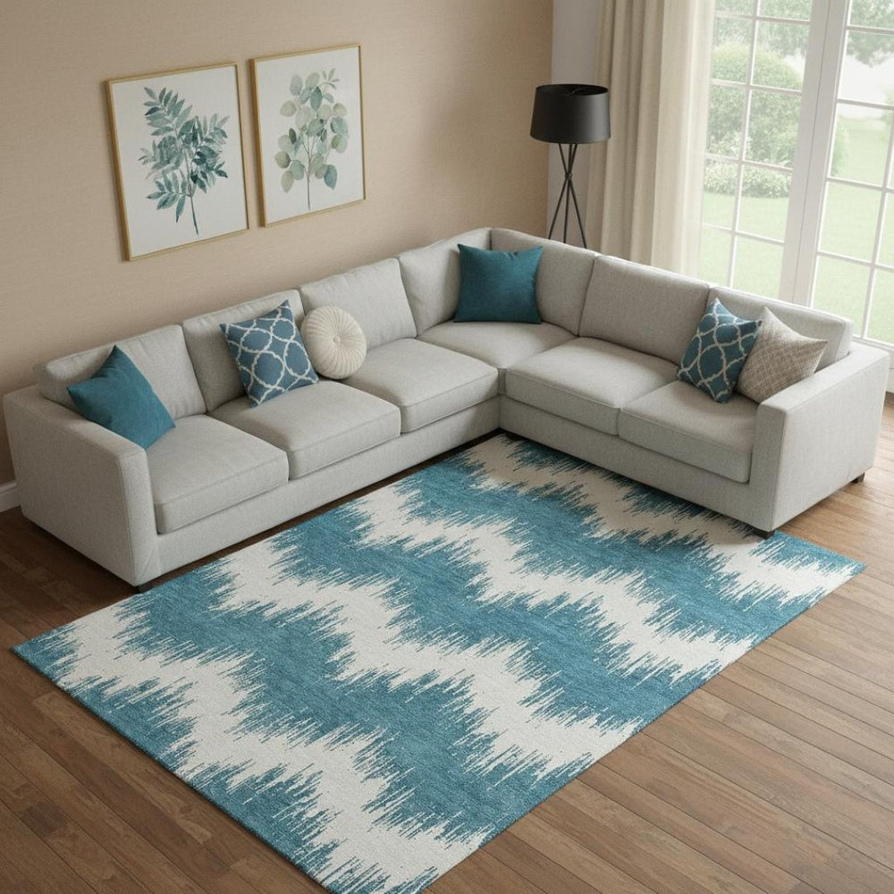 HomeRoots 10' X 14' Teal and Ivory Chevron Washable Area Rug with UV Protection for Modern Living Spaces 670015