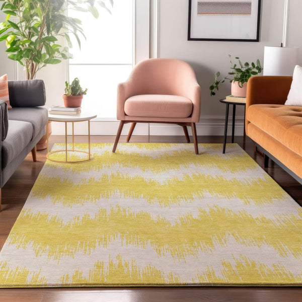 HomeRoots 5' X 8' Stylish Yellow and Beige Chevron Area Rug - Washable, UV Protected, Perfect for Families! 670017