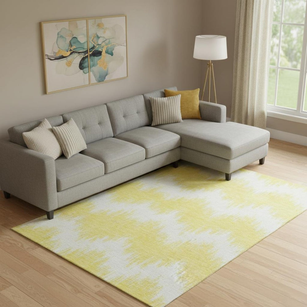 HomeRoots 8' X 10' Washable Yellow & Beige Chevron Area Rug with UV Protection - Perfect for High-Traffic Areas! 670019