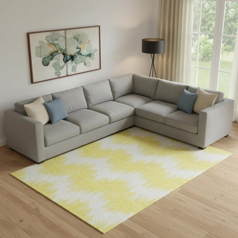 HomeRoots 9' X 12' Vibrant Yellow & Beige Chevron Area Rug - Washable, UV-Protected, Durable & Stylish Design 670020