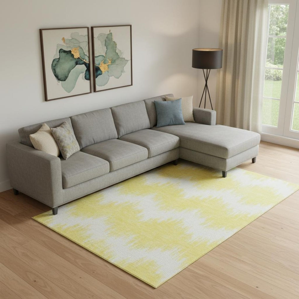 HomeRoots 10' X 14' Yellow And Beige Chevron Area Rug – Washable, UV-Protected, Stain-Resistant, Stylish Design 670021