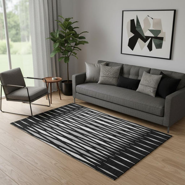HomeRoots 5' X 8' Stylish Black Ivory Gray Geometric Washable Area Rug with UV Protection for Modern Homes 670023