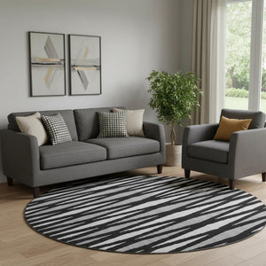 HomeRoots 8' Black Ivory and Gray Geometric Washable Round Rug - UV Protected, Durable, Easy-Care Design! 670024