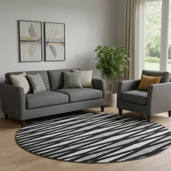 HomeRoots 8' Black Ivory and Gray Geometric Washable Round Rug - UV Protected, Durable, Easy-Care Design! 670024