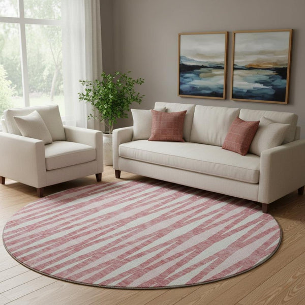 HomeRoots 8' Blush and Ivory Geometric Washable Round Rug - UV Protected, Stain Resistant for Modern Homes 670030