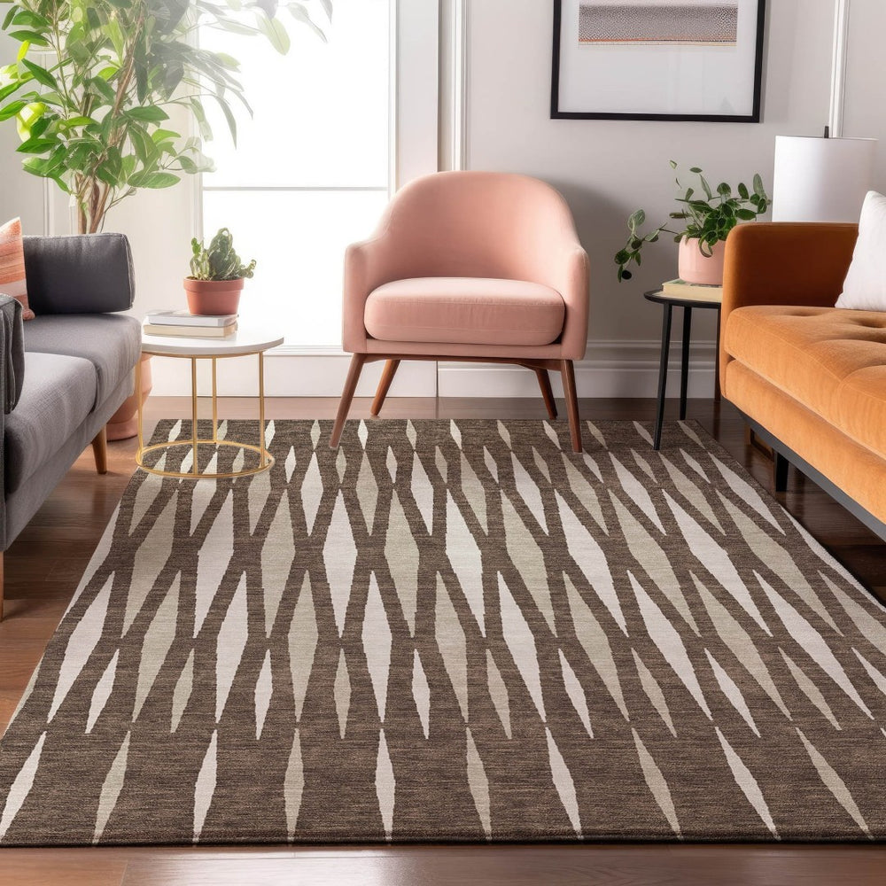 HomeRoots 10' X 14' Washable Brown and Ivory Geometric Area Rug with UV Protection for Durable Home Décor 670039