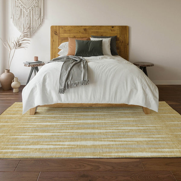HomeRoots 9' X 12' Gold And Ivory Geometric Area Rug - Washable, Stain-Resistant, UV Protected, and Modern Design 670044