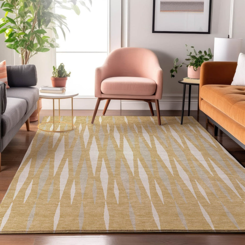 HomeRoots 10' X 14' Gold & Ivory Geometric Area Rug – Modern, Washable, UV-Protected for Family-Friendly Homes 670045