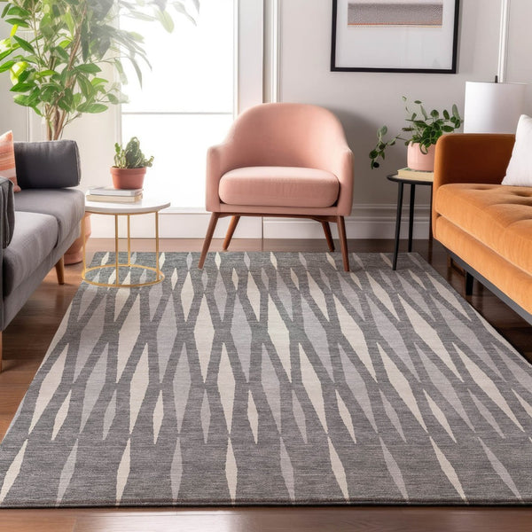 HomeRoots 9' X 12' Gray and Ivory Geometric Area Rug – Washable, UV Protected, Ideal for Modern Homes & Pets 670050
