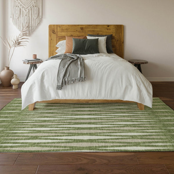 HomeRoots 5' X 8' Green and Ivory Geometric Washable Area Rug - Durable, UV-Protected, Easy-Care Design for Homes 670053