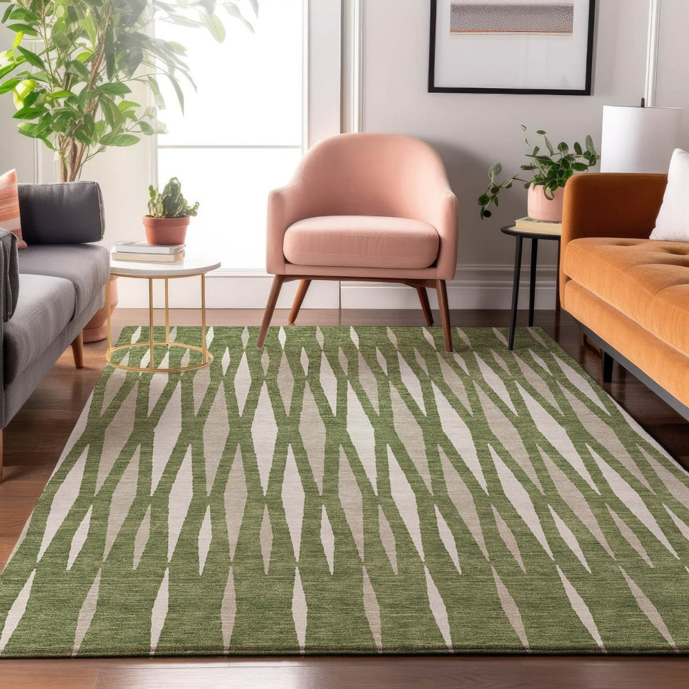 HomeRoots 10' X 14' Green And Ivory Geometric Washable Area Rug – UV Protected, Stylish & Durable for Any Space 670057