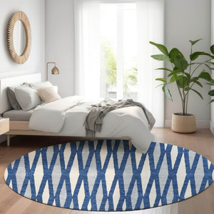HomeRoots 8' Navy Blue And Ivory Geometric Round Rug – Washable, UV Protected, Stylish, Durable, and Versatile! 670066