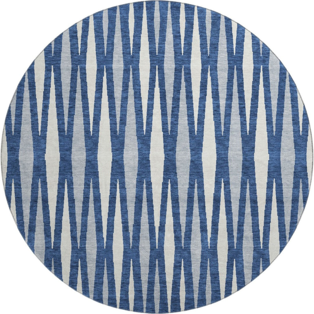 HomeRoots 8' Navy Blue And Ivory Geometric Round Rug – Washable, UV Protected, Stylish, Durable, and Versatile! 670066