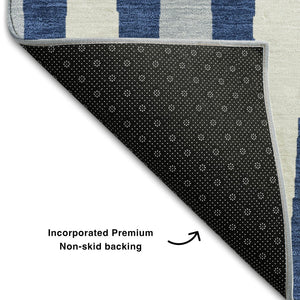 HomeRoots 8' Navy Blue And Ivory Geometric Round Rug – Washable, UV Protected, Stylish, Durable, and Versatile! 670066