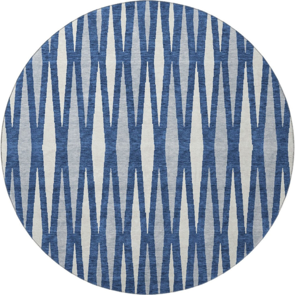 HomeRoots 8' Navy Blue And Ivory Geometric Round Rug – Washable, UV Protected, Stylish, Durable, and Versatile! 670066