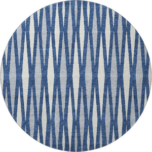 HomeRoots 8' Navy Blue And Ivory Geometric Round Rug – Washable, UV Protected, Stylish, Durable, and Versatile! 670066