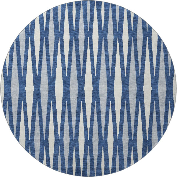 HomeRoots 8' Navy Blue And Ivory Geometric Round Rug – Washable, UV Protected, Stylish, Durable, and Versatile! 670066
