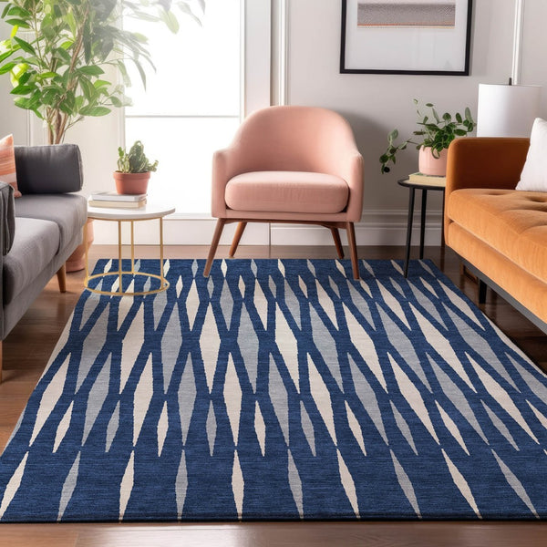 HomeRoots 10' X 14' Navy Blue & Ivory Geometric Area Rug - Washable, UV Protected, Stain-Resistant Design 670069