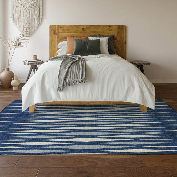 HomeRoots 10' X 14' Navy Blue & Ivory Geometric Area Rug - Washable, UV Protected, Stain-Resistant Design 670069