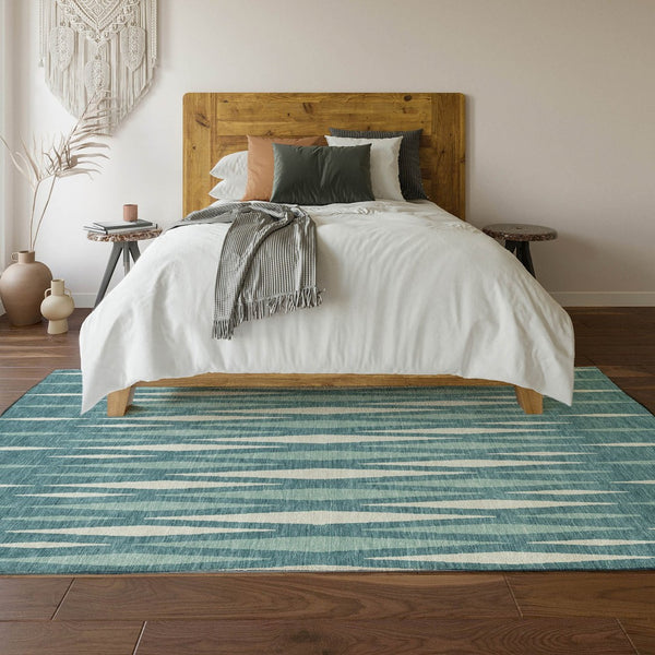 HomeRoots 9' X 12' Teal & Ivory Geometric Area Rug - Washable, UV-Protected, Stylish, Durable for Any Space 670086