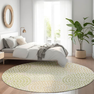 HomeRoots 8' Artichoke Green Beige Ivory Geometric Round Rug - Washable, UV Protected & Stain Resistant Design 670090