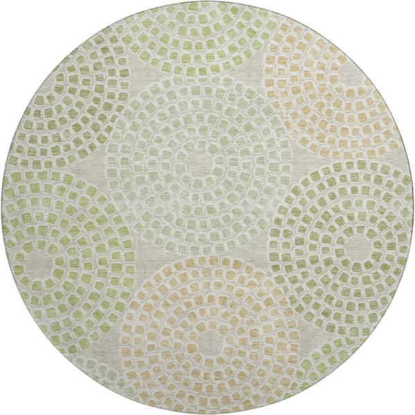 HomeRoots 8' Artichoke Green Beige Ivory Geometric Round Rug - Washable, UV Protected & Stain Resistant Design 670090
