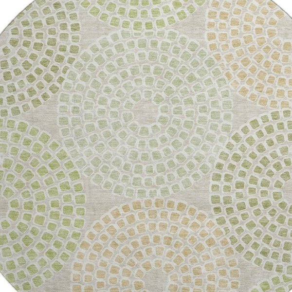 HomeRoots 8' Artichoke Green Beige Ivory Geometric Round Rug - Washable, UV Protected & Stain Resistant Design 670090